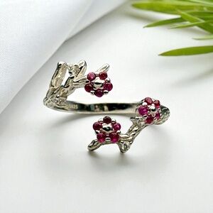 New Adjustable Sterling Silver Ring with Pink CZ Flower Design